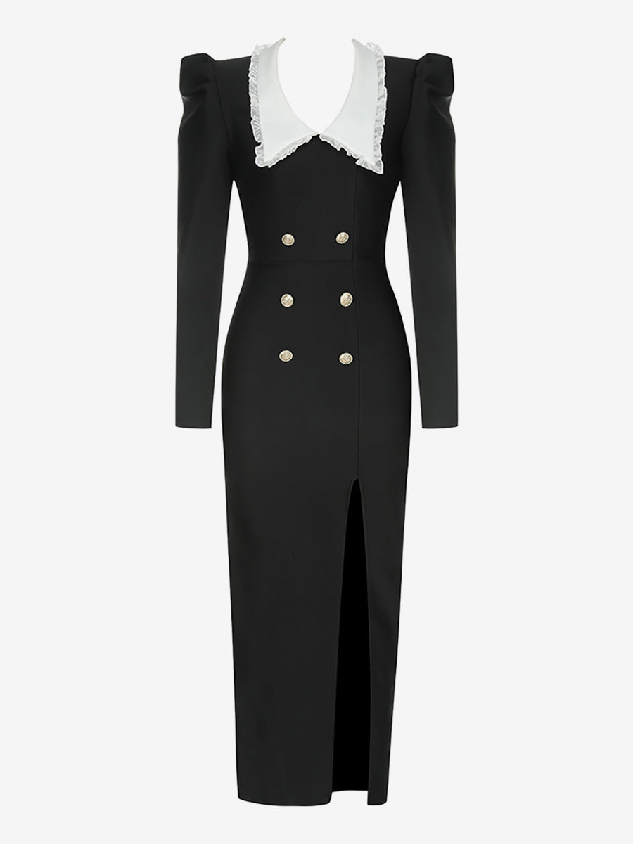 Bodycon Dresses Black Long Sleeves Sexy Turndown Collar Midi Dress Sheath Dress