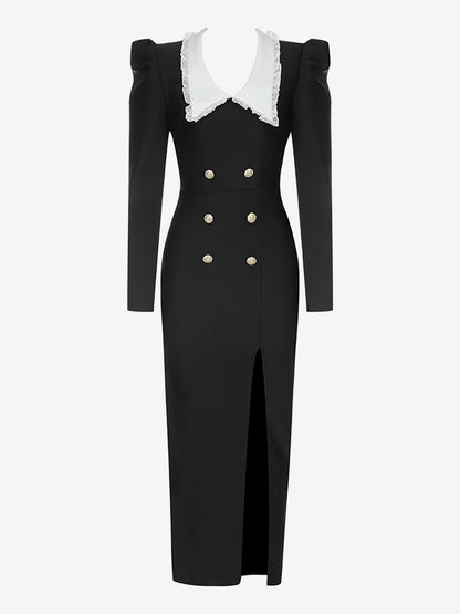Bodycon Dresses Black Long Sleeves Sexy Turndown Collar Midi Dress Sheath Dress