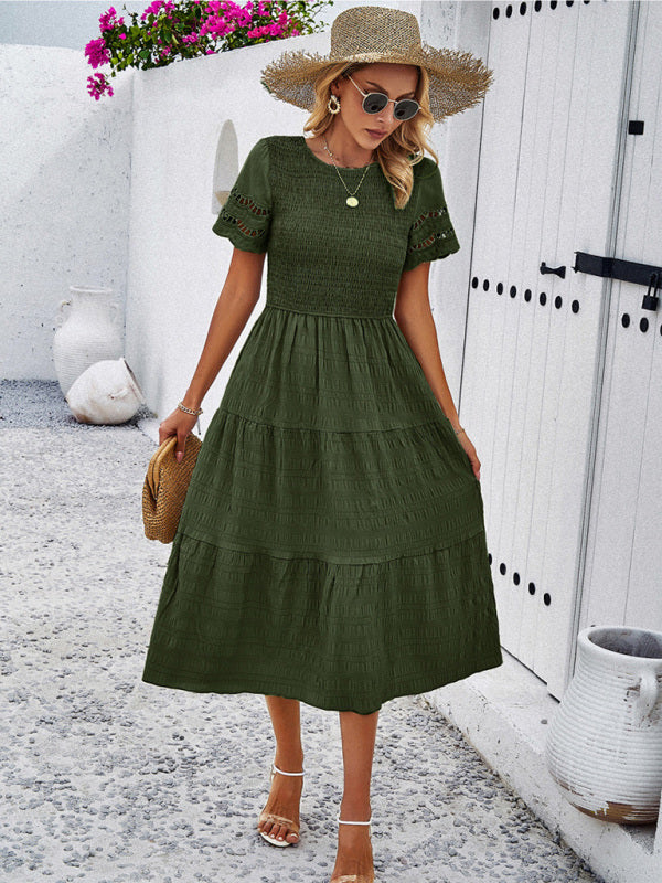 Blue Zone Planet | Solid Color Short Sleeve Cutout Midi Dress