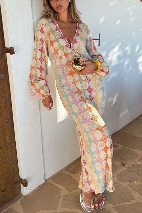 V Neck Lantern Sleeves Geometric Print Maxi Dress