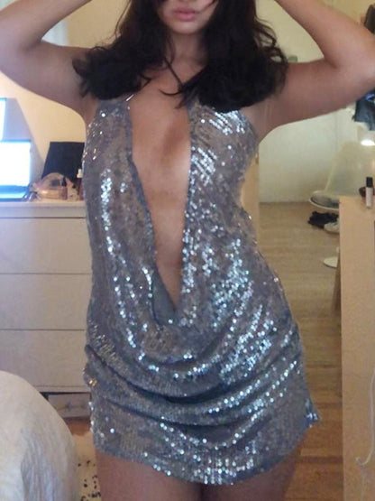 Ultra Sexy Culb Wear Deep V Asymmetrical Sequined Mini Dresses