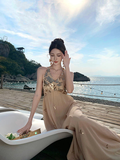 Sparkly French Halter Maxi Dress – Sexy Backless Gown for Beach Vacay