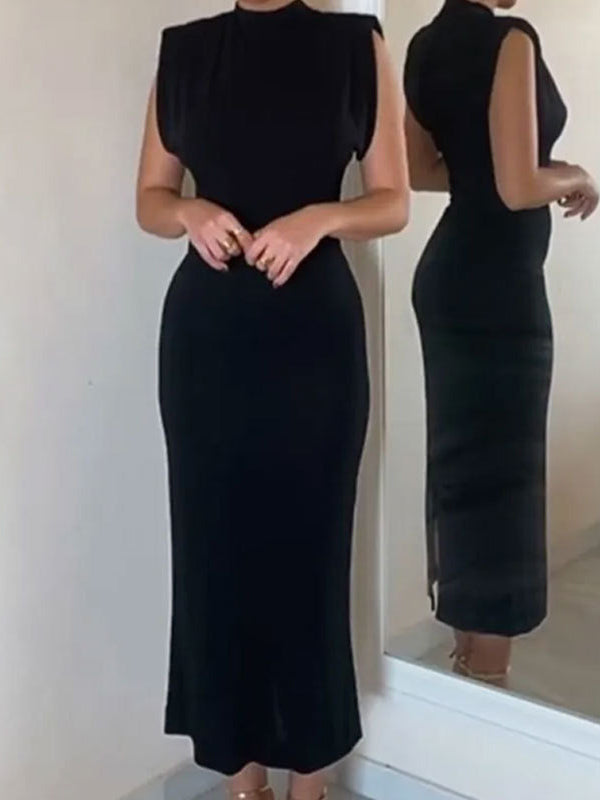 Plus Size Skinny Solid Color Zipper Mock Neck Midi Dresses