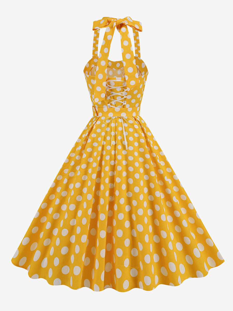 Dress Dot Halter Belted Ring Detail Retro Midi Dress