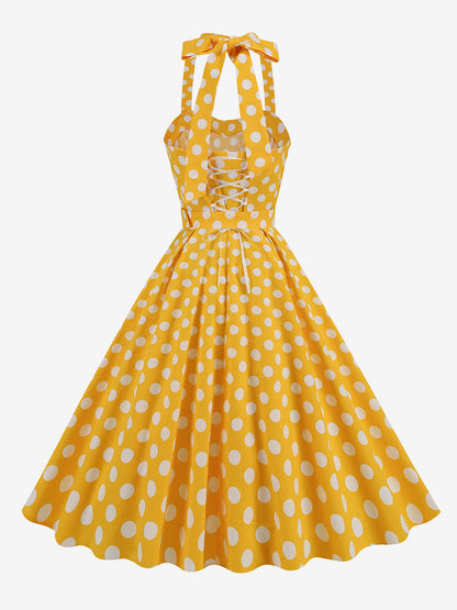 Dress Dot Halter Belted Ring Detail Retro Midi Dress