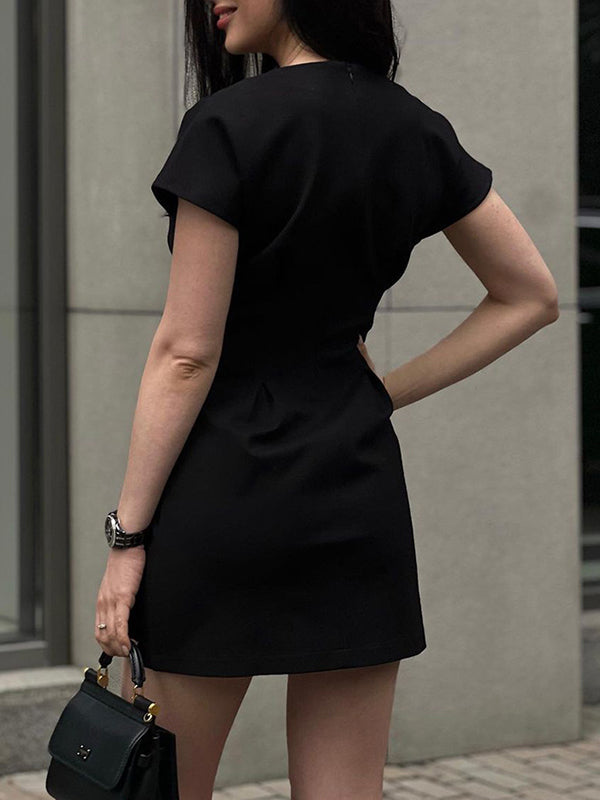 High Waisted Raglan Sleeve Pleated Solid Color Round-Neck Mini Dresses