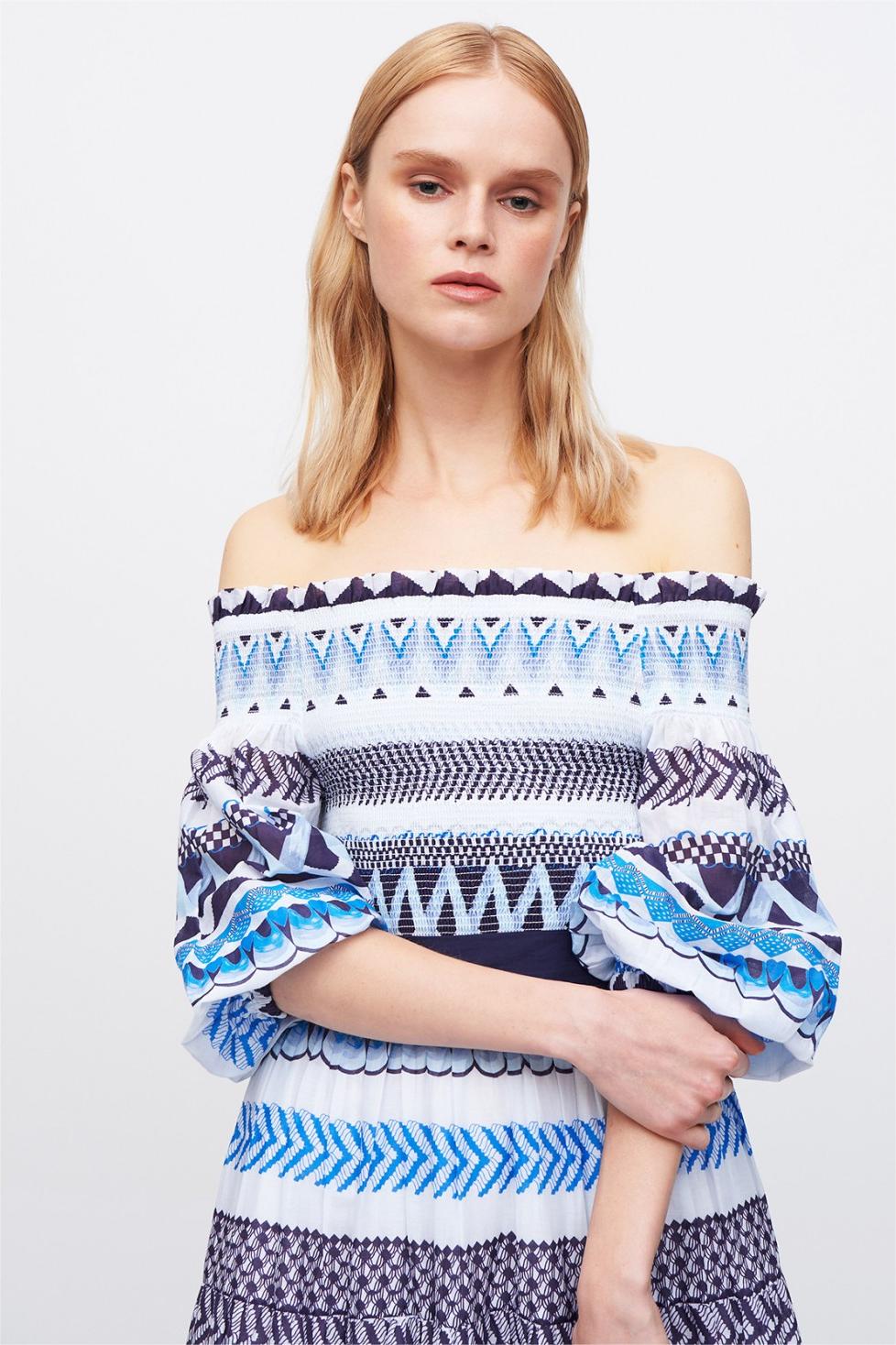 Geometric Patterns Smocking Off-Shoulder Midi Dress