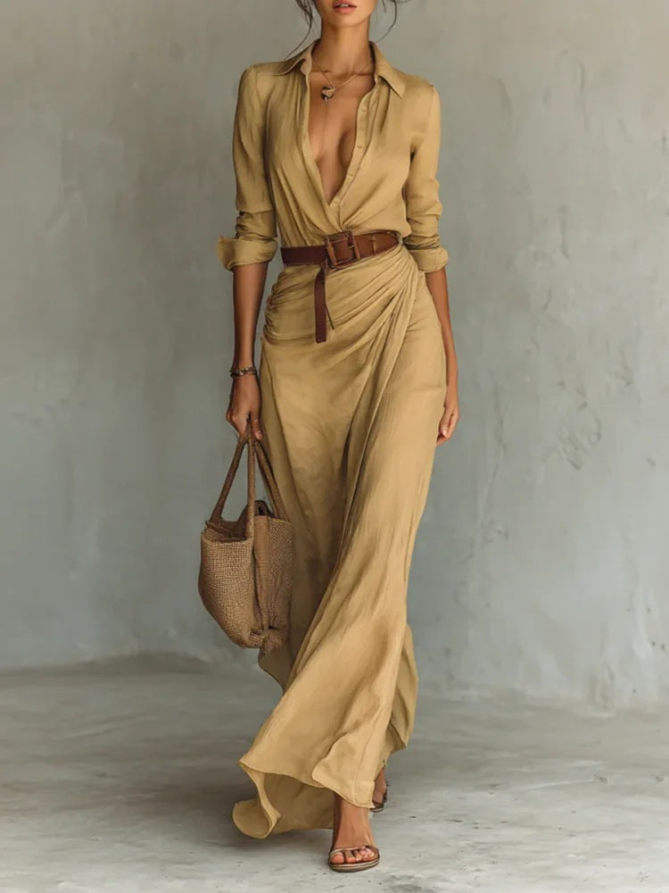 Collared Button Front Long Sleeve Belted Draped Wrap Maxi Dress