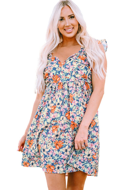 Multicolor Floral Sweetheart Ruffle Sleeveless Mini Dress