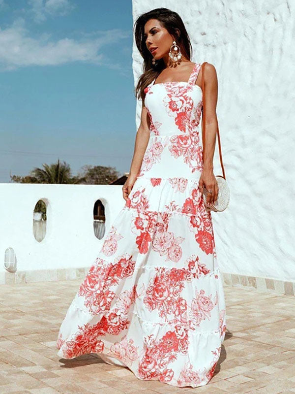 Maxi Dresses Sleeveless Red Floral Print Straps Neck Ruffles Layered Chiffon Long Dress