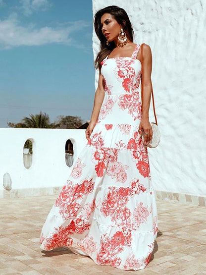 Maxi Dresses Sleeveless Red Floral Print Straps Neck Ruffles Layered Chiffon Long Dress