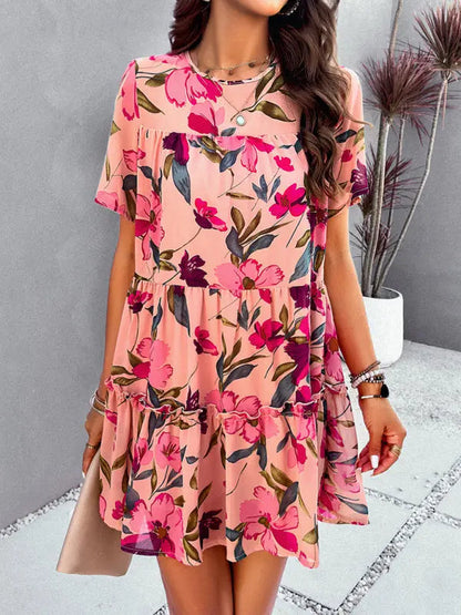 Botanical print short-sleeved tiered mini dress