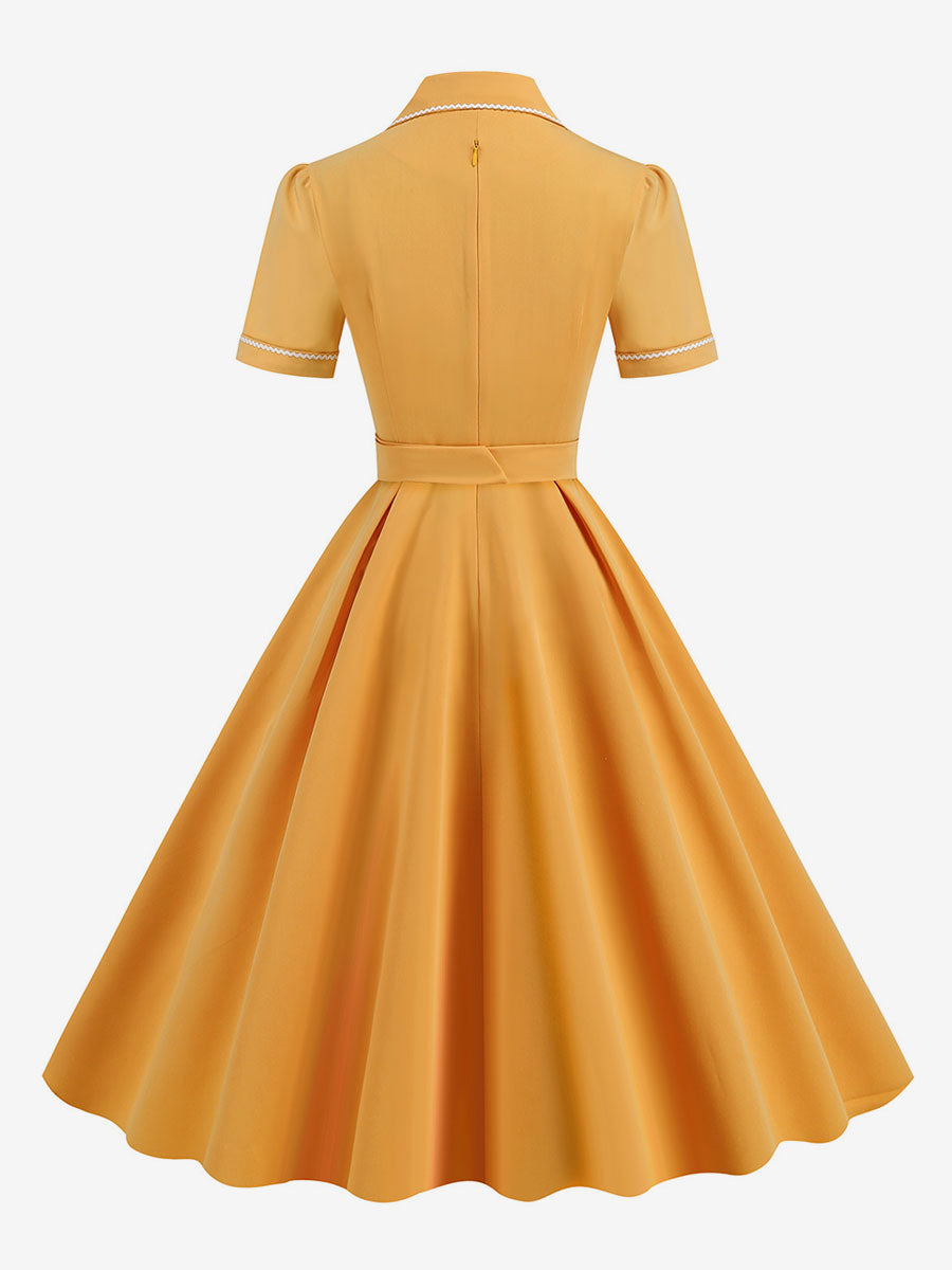 Dress Buttons Ring Detail Short Sleeves Retro Midi Dress