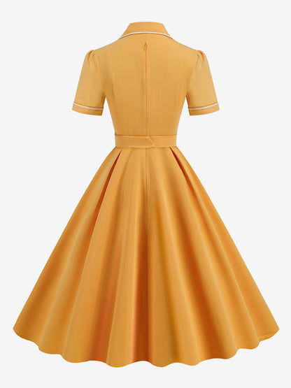 Dress Buttons Ring Detail Short Sleeves Retro Midi Dress