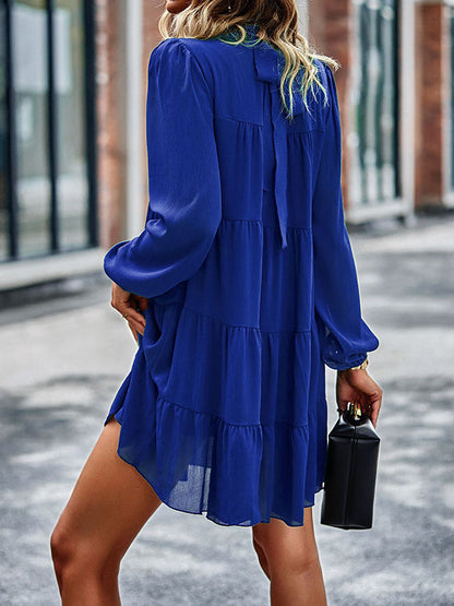 A-Line Bishop Sleeve Elasticity Pleated Solid Color Split-Joint Tied Mock Neck Mini Dresses