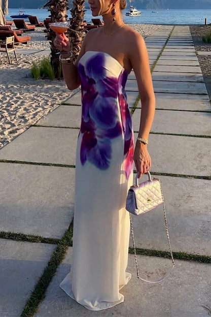 Elegant Strapless Floral Print Maxi Dress