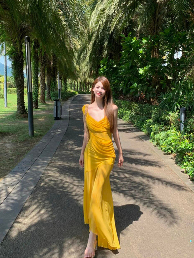 Golden Mesh Ruffle V-Neck Maxi Dress – Flowing & Photogenic Beach Gown