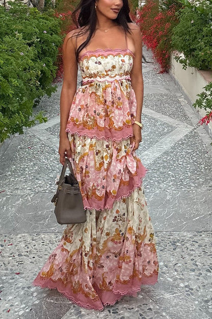 Spaghetti Strap Back Lace-up Ruffle Layered Floral Print Maxi Dress