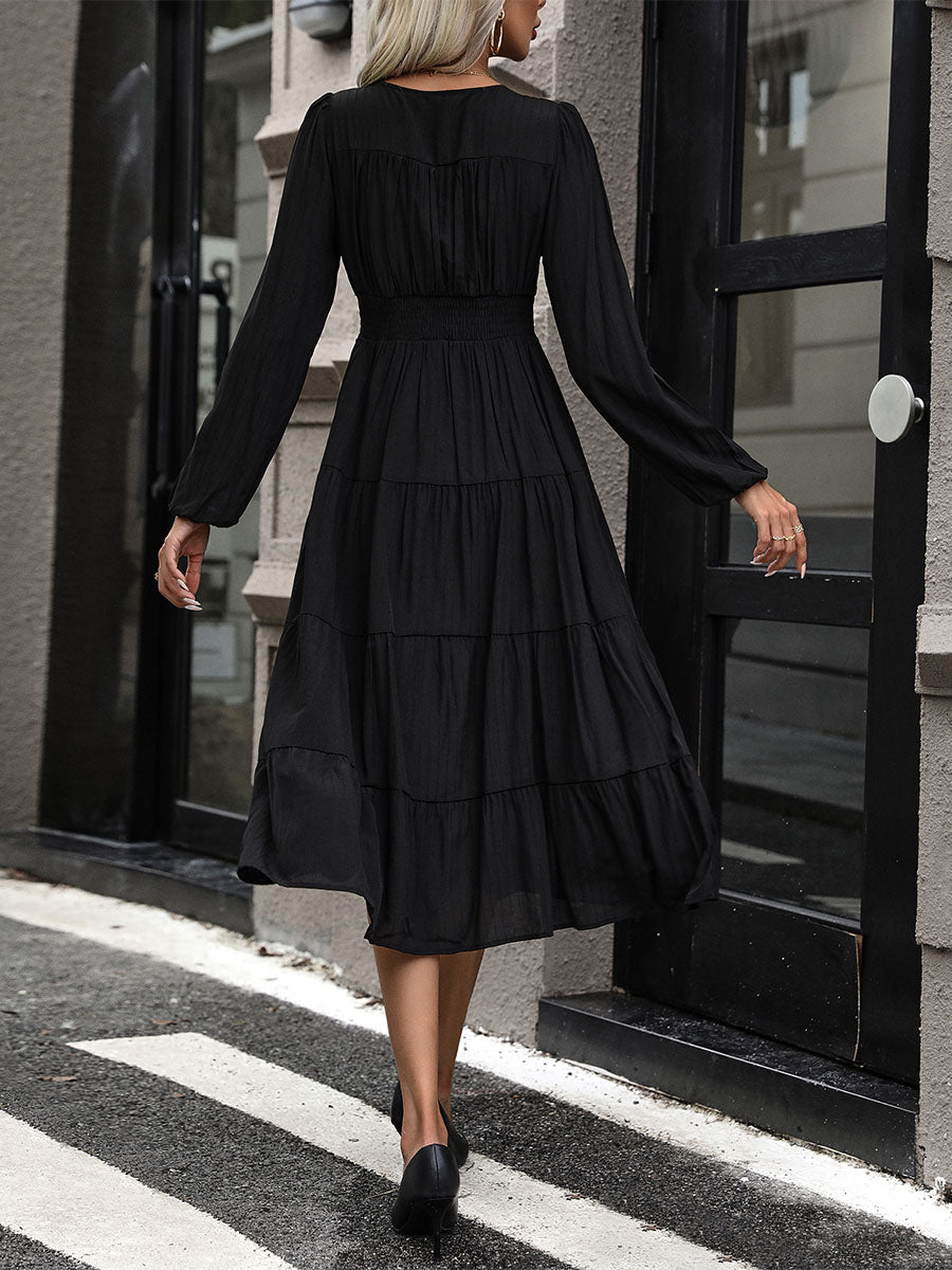 Layered Midi Dress V-Neck Long Sleeves Button Front Day Dresses In Black