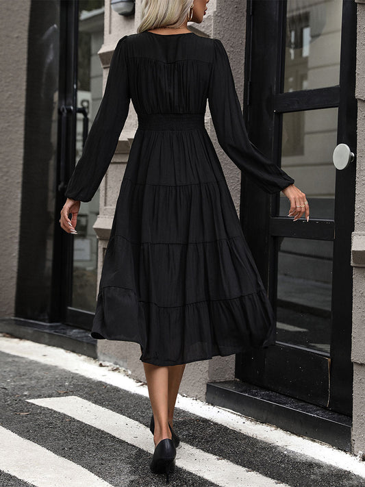 Layered Midi Dress V-Neck Long Sleeves Button Front Day Dresses In Black