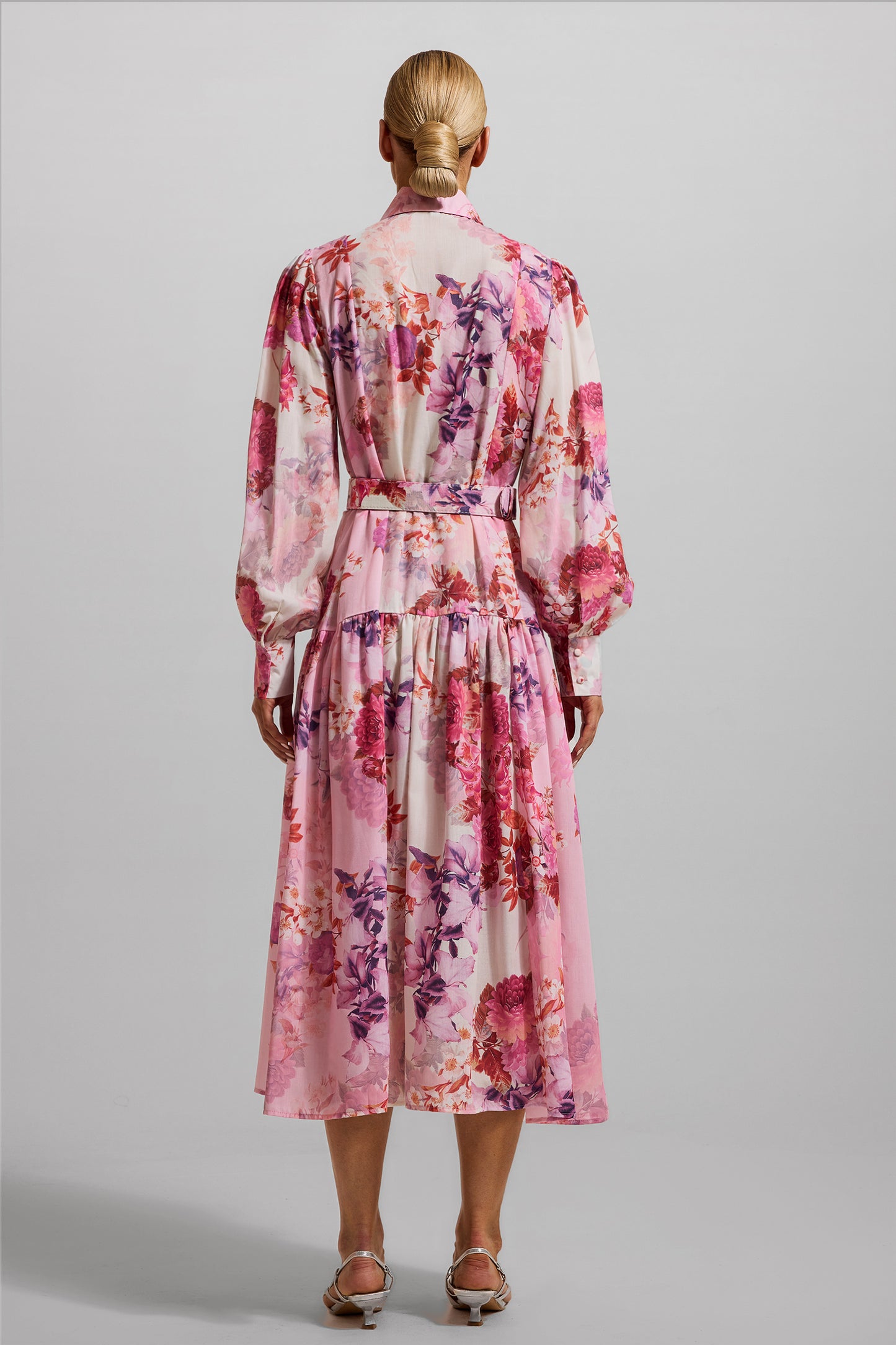 Floral Shirt Collar Midi Dress With Belt