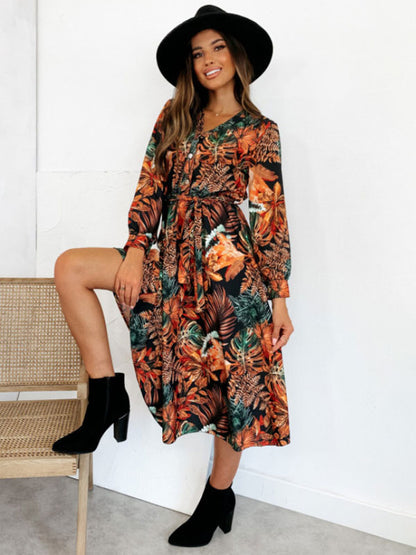 Printed Midi Dress V-Neck Front Buttons Belted Long Sleeves Dresses