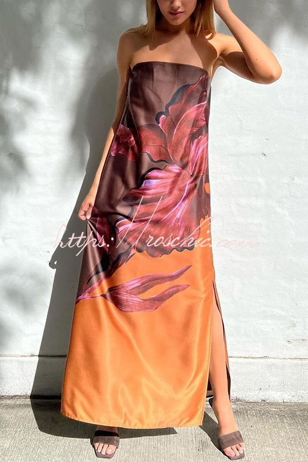Floral Print Sexy Elastic Bandeau Slit Midi Dress