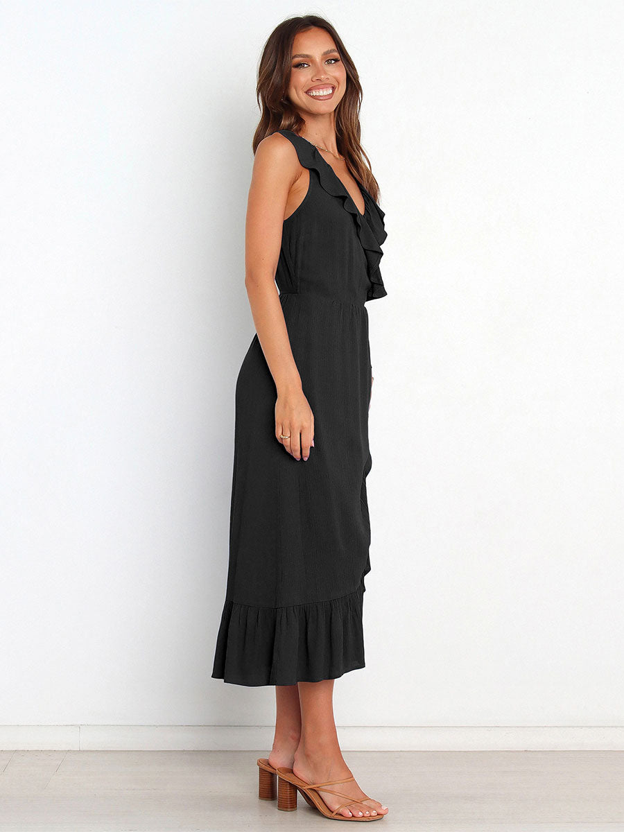 Ruffles Chic V-Neck Sleeveless Midi Dress