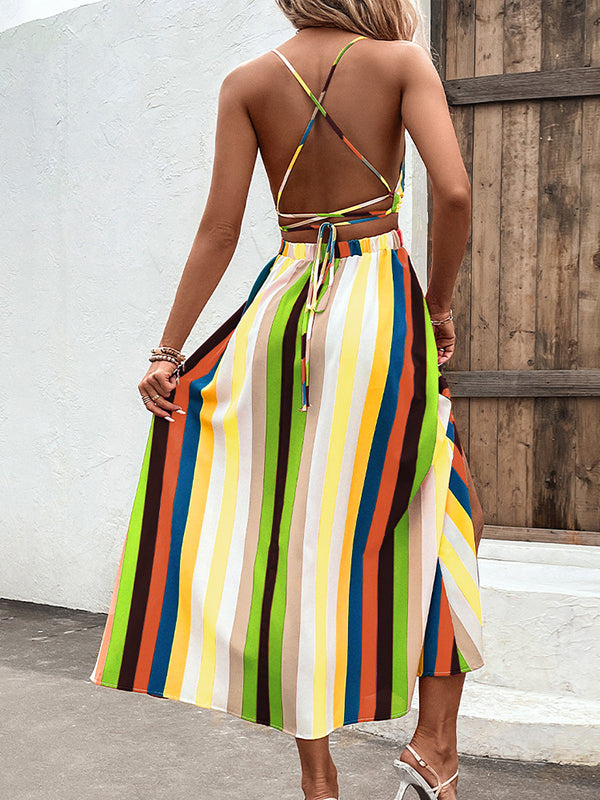Loose Sleeveless Contrast Color Striped Spaghetti-Neck Midi Dresses