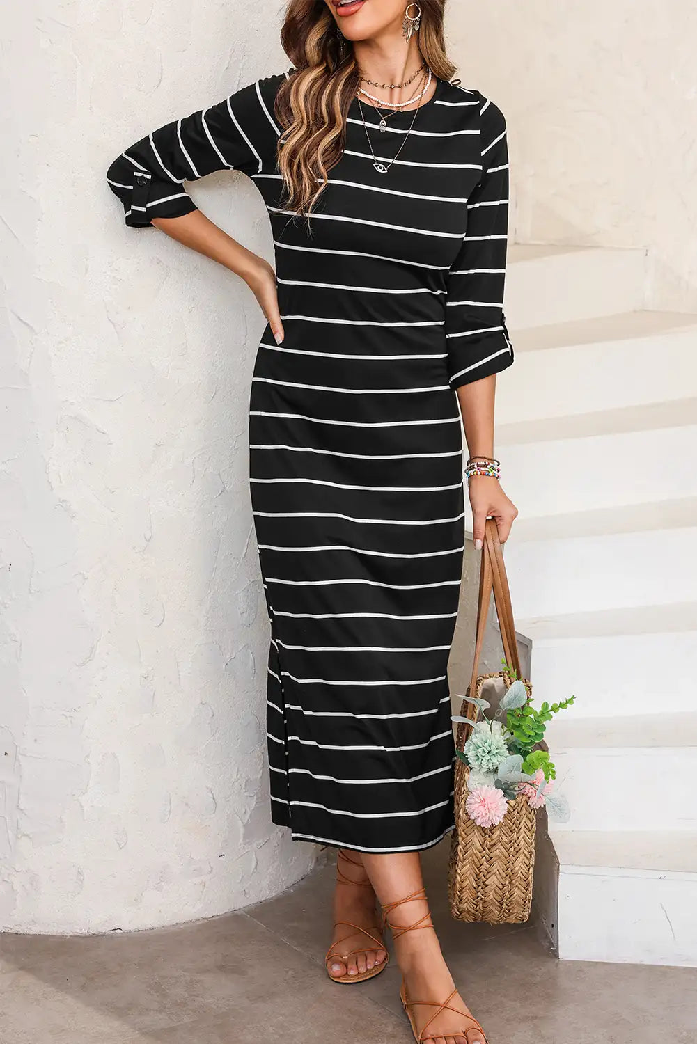 chic black striped maxi dress