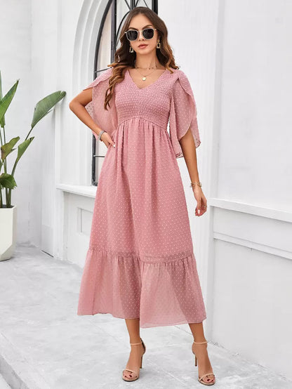 Party Dress Tiered Pleated V-Neck Summer Stylish Casual Midi Dresses