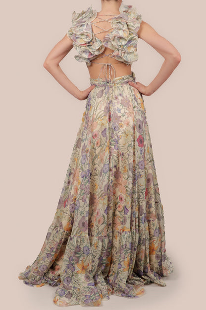 Floral Pleated Backless Lace Up Maxi Dress