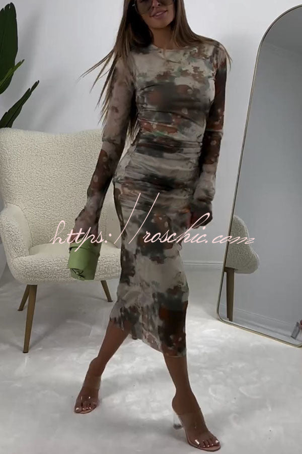 The Budapest Mesh Splash Ink Tie Dye Print Ruched Midi Dress