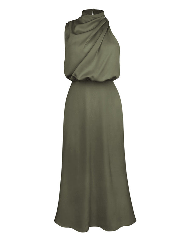 Sleeveless Solid Color Halter-Neck Midi Dresses