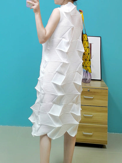 Casual Sleeveless Irregularity Pleated Solid Color Stand Collar Midi Dresses