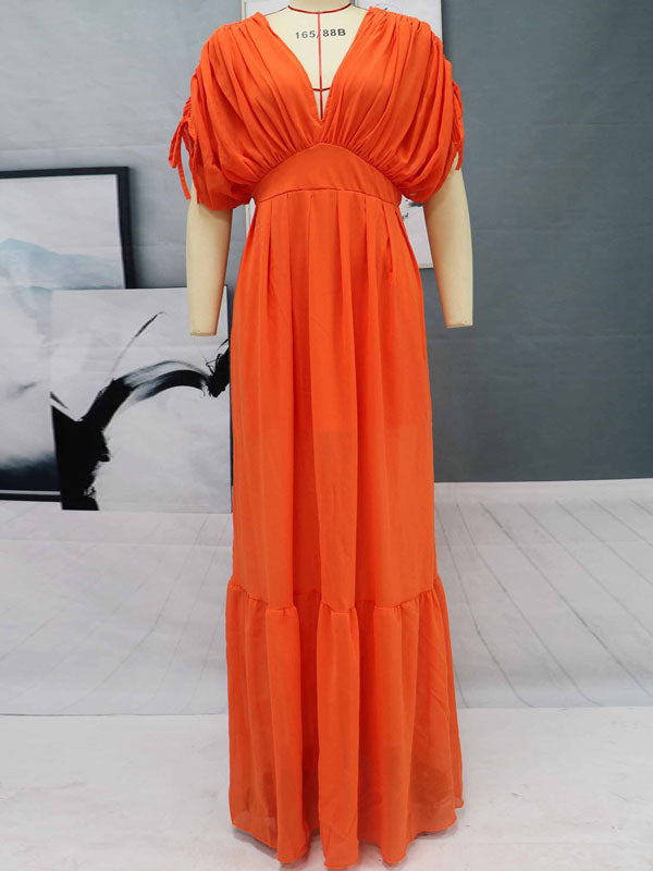 Women Maxi Dress Orange Red V-Neck Short Sleeves Backless   Long Dress