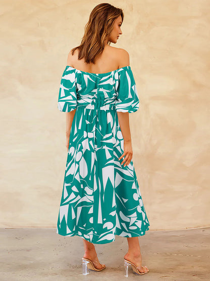 Floral Dress Off The Shoulder Puff Sleeves Casual Summer Midi Dresses