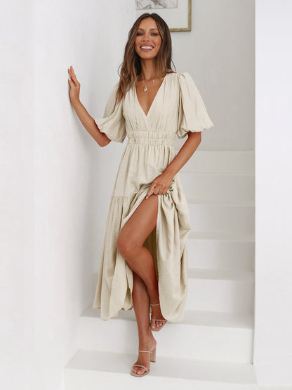 KIMONA SMOCKED SHORT SLEEVE MAXI DRESS - BEIGE