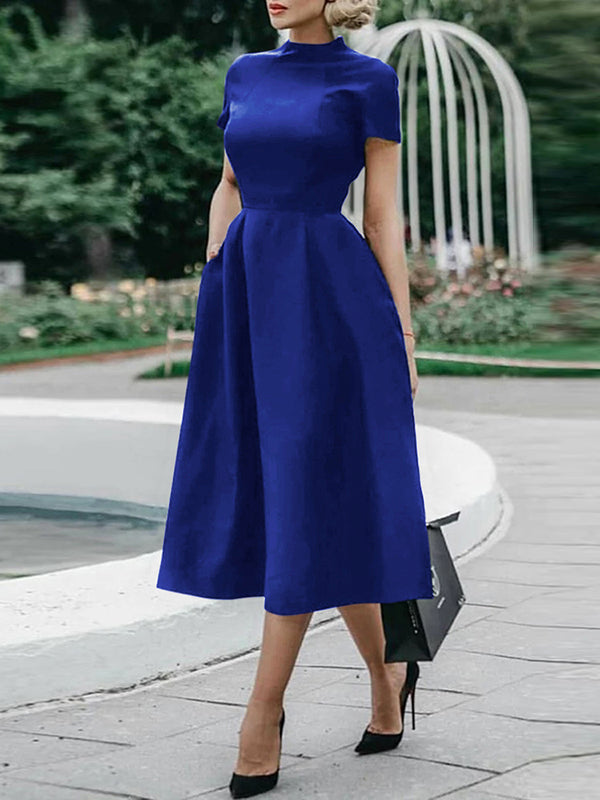 Short Sleeves Solid Color Stand Collar Midi Dresses