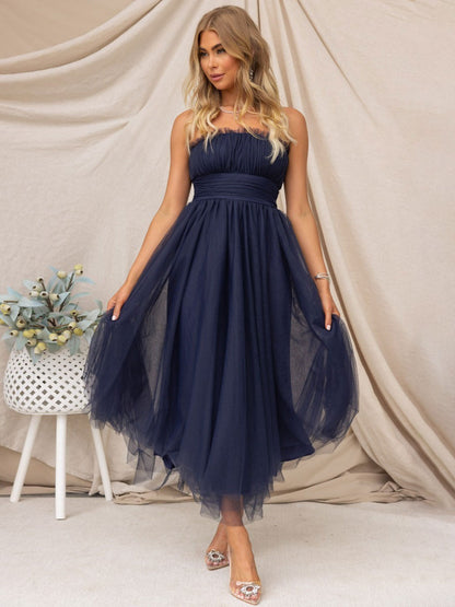 Tulle Dresses Strapless Pleated Off The Shoulder Layered Prom Midi Dress