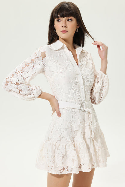 Long Sleeve V-Neck Belted Cut-Out Mini Dress White