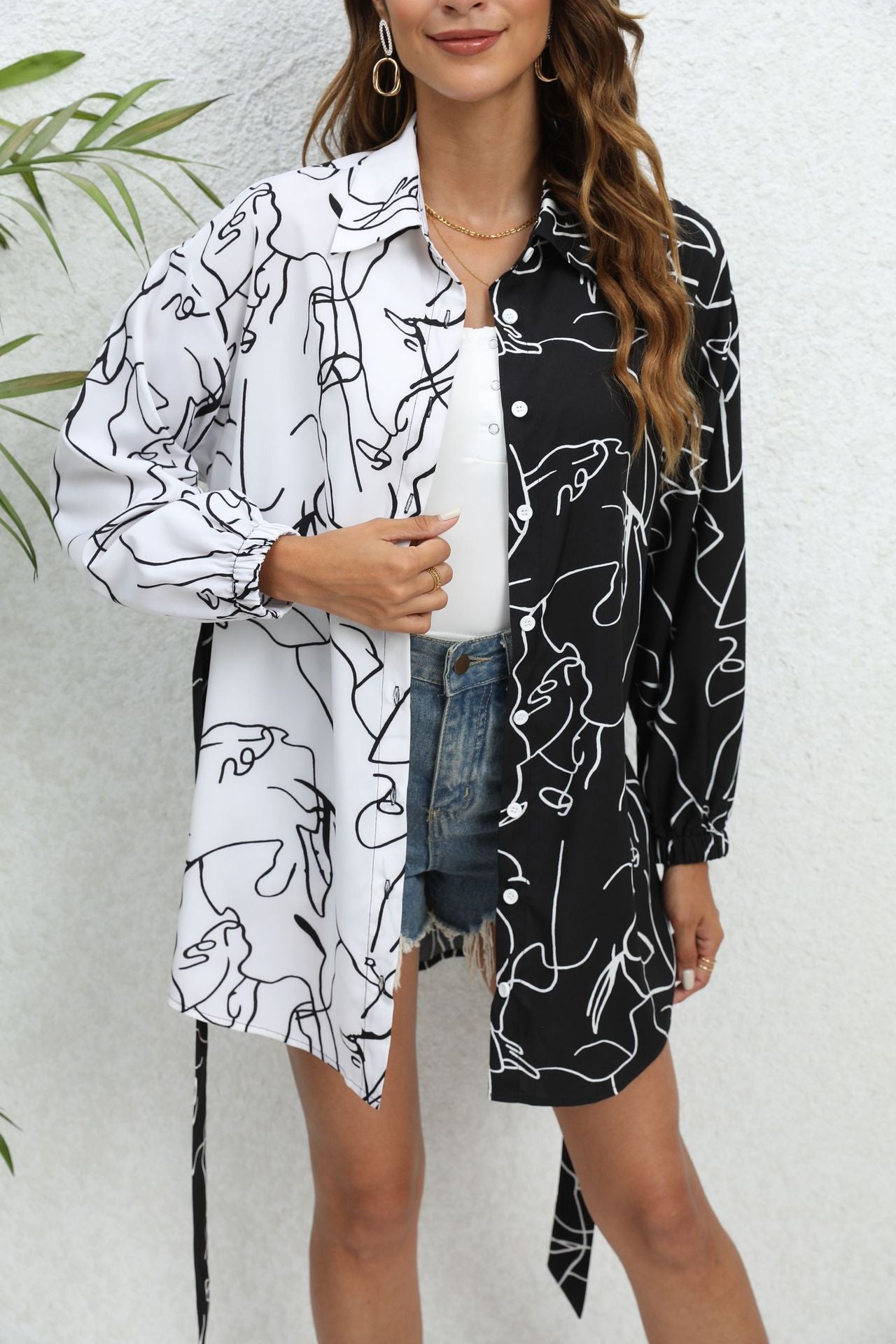 Long Sleeves Loose Contrast Color Printed Split-Joint Tied Waist Lapel Mini Dresses Shirt Dress
