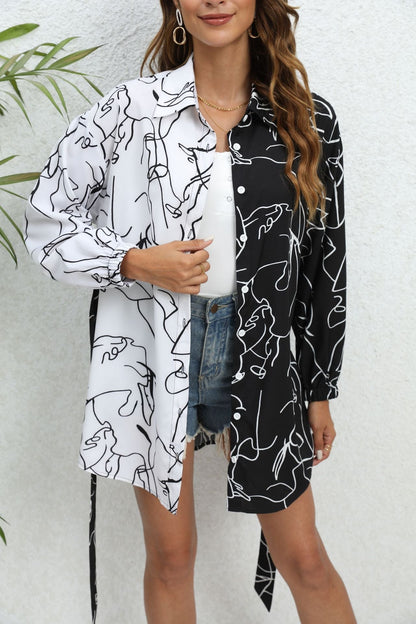 Long Sleeves Loose Contrast Color Printed Split-Joint Tied Waist Lapel Mini Dresses Shirt Dress