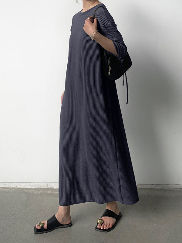 Half Sleeves Loose Pleated Solid Color Round-Neck Midi Dresses