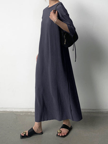 Half Sleeves Loose Pleated Solid Color Round-Neck Midi Dresses