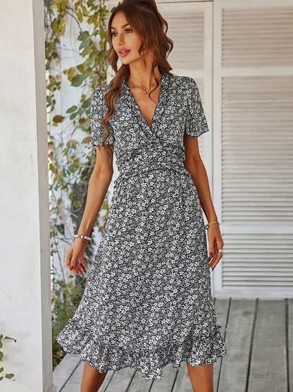 Printed V-Neck Short Sleeves Midi Dress