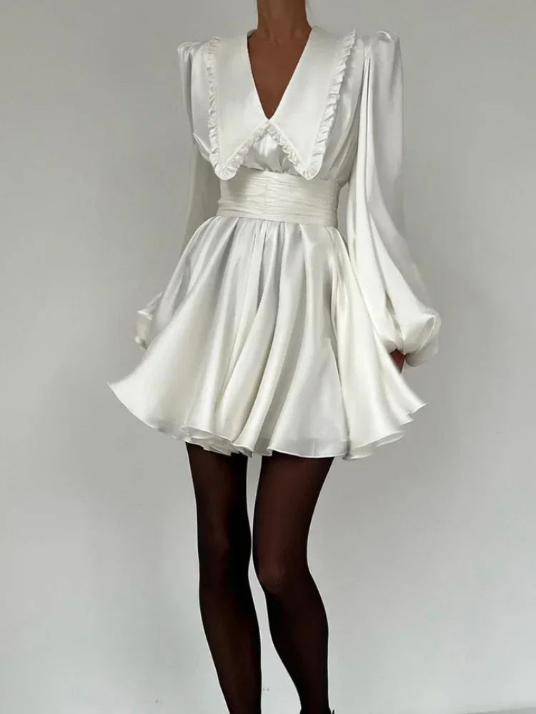 TARUXY Deep V Neck Folds Dress For Women Elegant Ruffles Turn Collar Belt Mini Dresses Lady Retro Party Evening Dress Female New