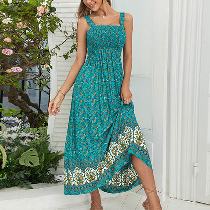 Beach Flower Print Maxi Dress in Apricot Green Navy