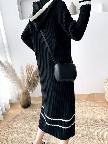 Urban Long Sleeves Loose Striped V-Neck Hooded Sweater Dresses