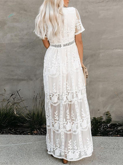 White Long Dress Lace Sexy V Neck Short Sleeves Boho Maxi Dresses